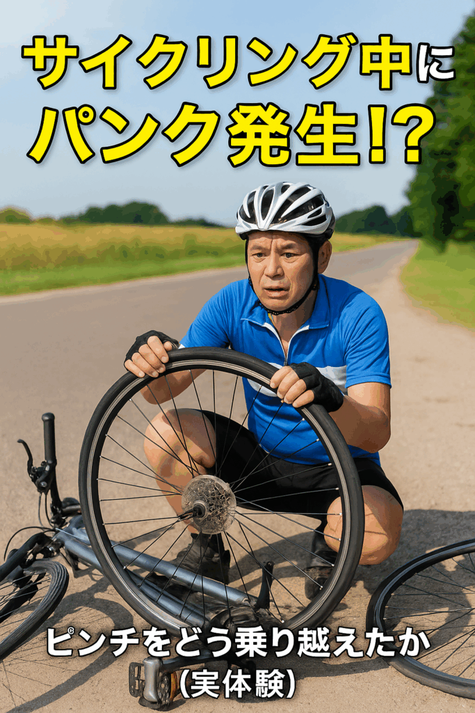 サイクリング中に突然パンクして困惑する中年男性サイクリストの姿。実体験記事のイメージ。