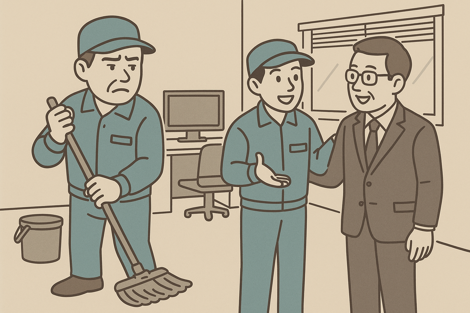 清掃作業員が上司に笑顔で話しかけている同僚と、黙々とモップ掛けをしている作業員の対比を描いた職場のイラスト
