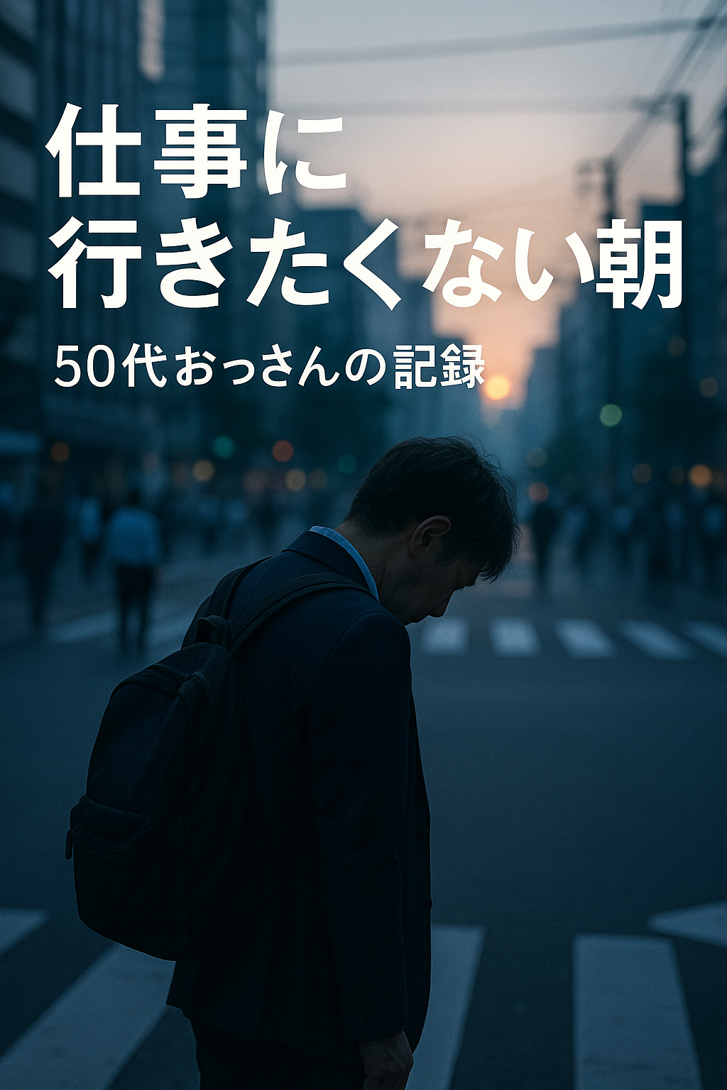 通勤途中に立ち止まる50代男性のシルエット。仕事に行きたくない朝のイメージ。