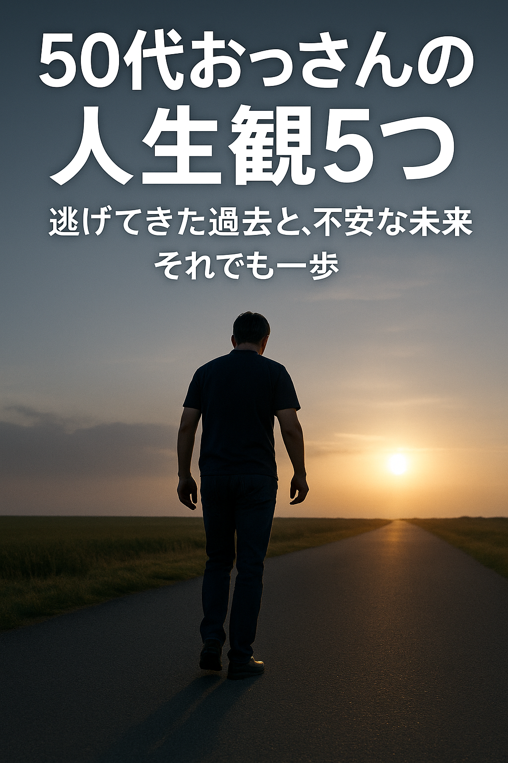50代男性が未来へ一歩踏み出す後ろ姿。過去と未来を背負いながら進む人生観のイメージ。
