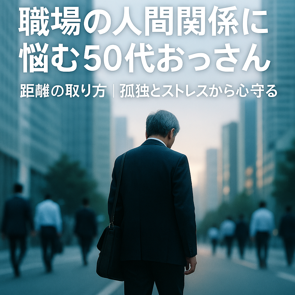 オフィス街で距離を置く50代男性の後ろ姿。職場の人間関係に悩みながらも心を守る姿勢を象徴。