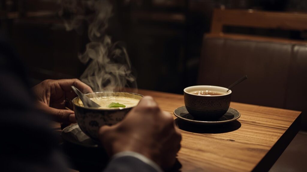 オレンジのランプ光に照らされ、カップの湯気が立つテーブルを見つめる男性の手。