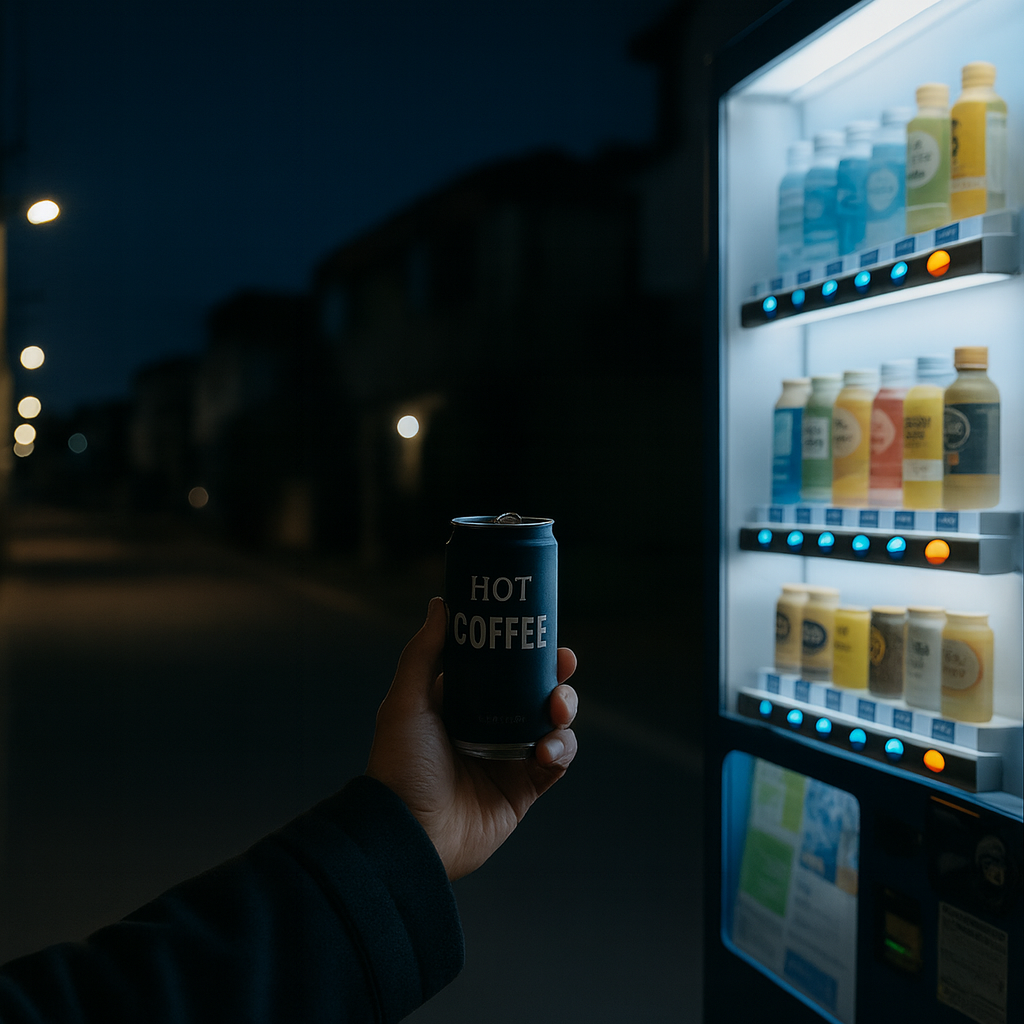 夜の住宅街にある自販機の前で、温かい缶コーヒーを手に取る男性の手元。 街灯と自販機の光が静かに交わり、夜の冷たい空気の中に小さな温もりが広がる。
