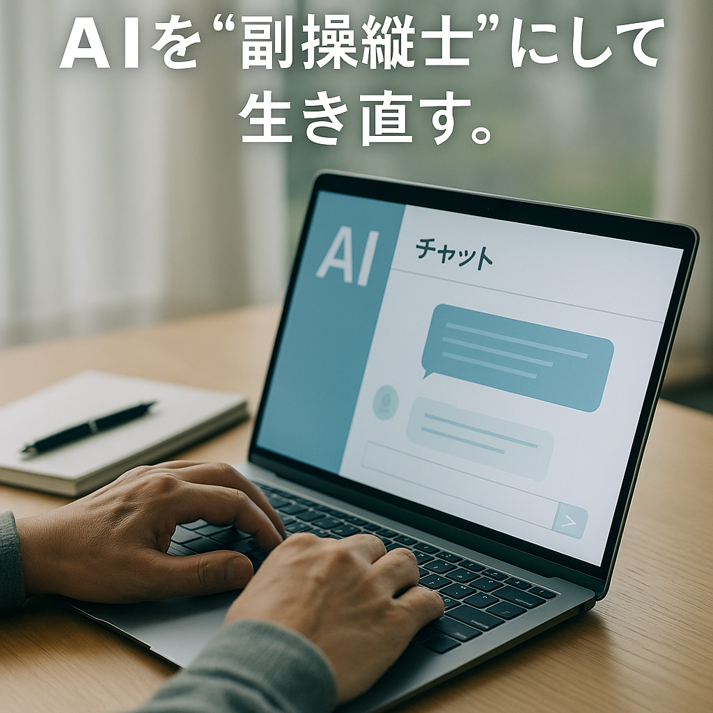 ノートパソコンでAIチャットを使いながら文章を書く50代男性の手元。朝の光が差し込む机の上にコーヒーとメモ帳が置かれている。