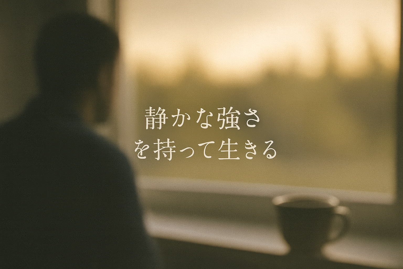静かな朝の光の中、窓辺でコーヒーを前にたたずむ男性のシルエット。「静かな強さを持って生きる」という文字が添えられている。