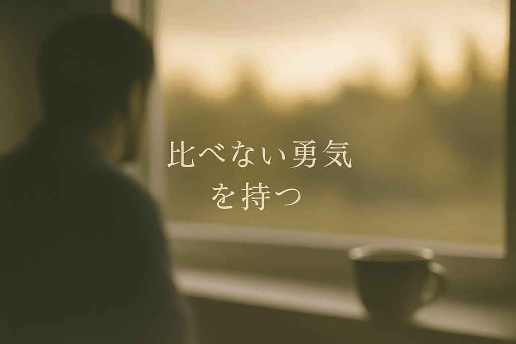 柔らかな朝の光が差し込む窓辺で、静かに外を見つめる男性のシルエット。 画面には「比べない勇気を持つ」の文字が浮かび、穏やかな決意を感じさせる。