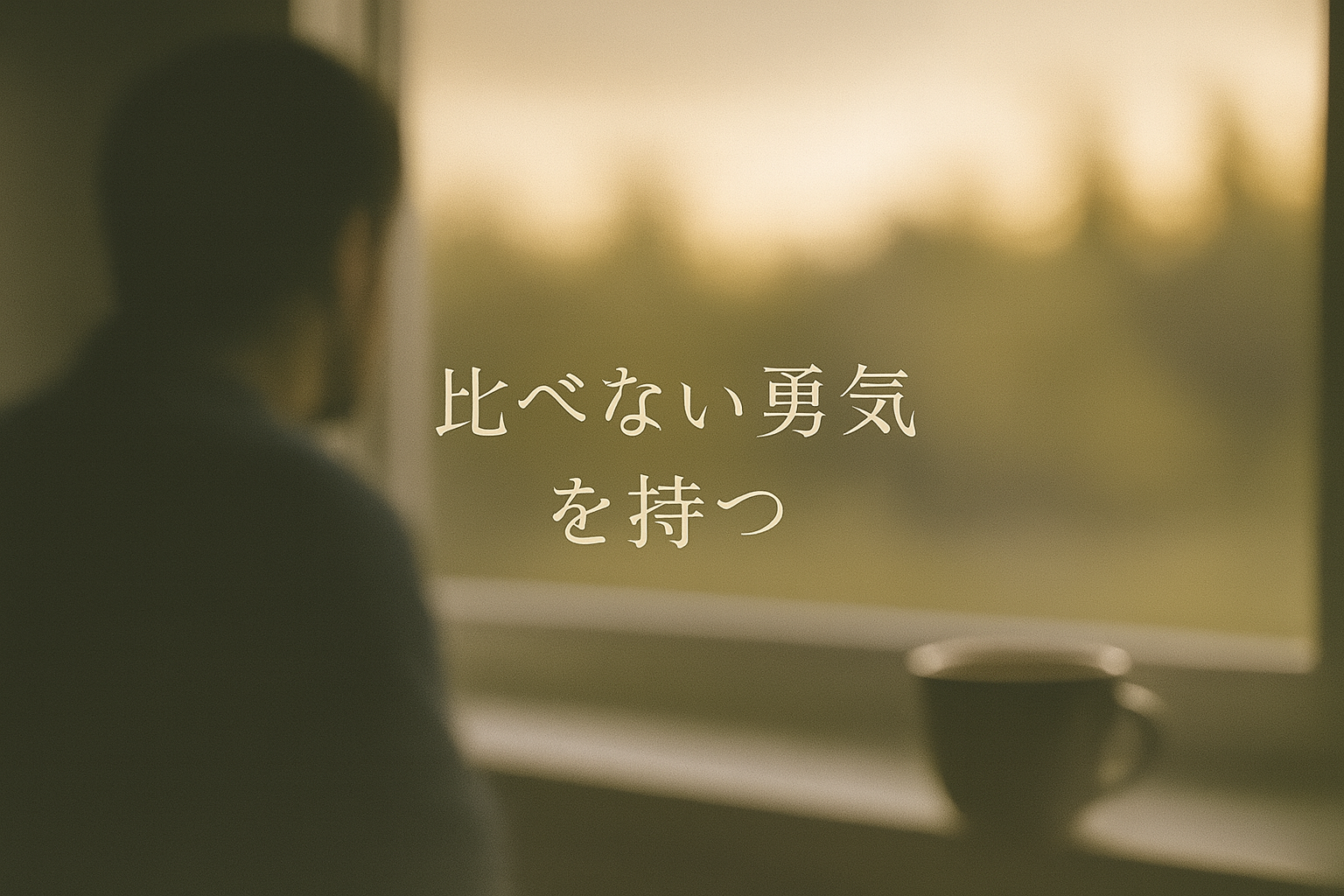 柔らかな朝の光が差し込む窓辺で、静かに外を見つめる男性のシルエット。 画面には「比べない勇気を持つ」の文字が浮かび、穏やかな決意を感じさせる。