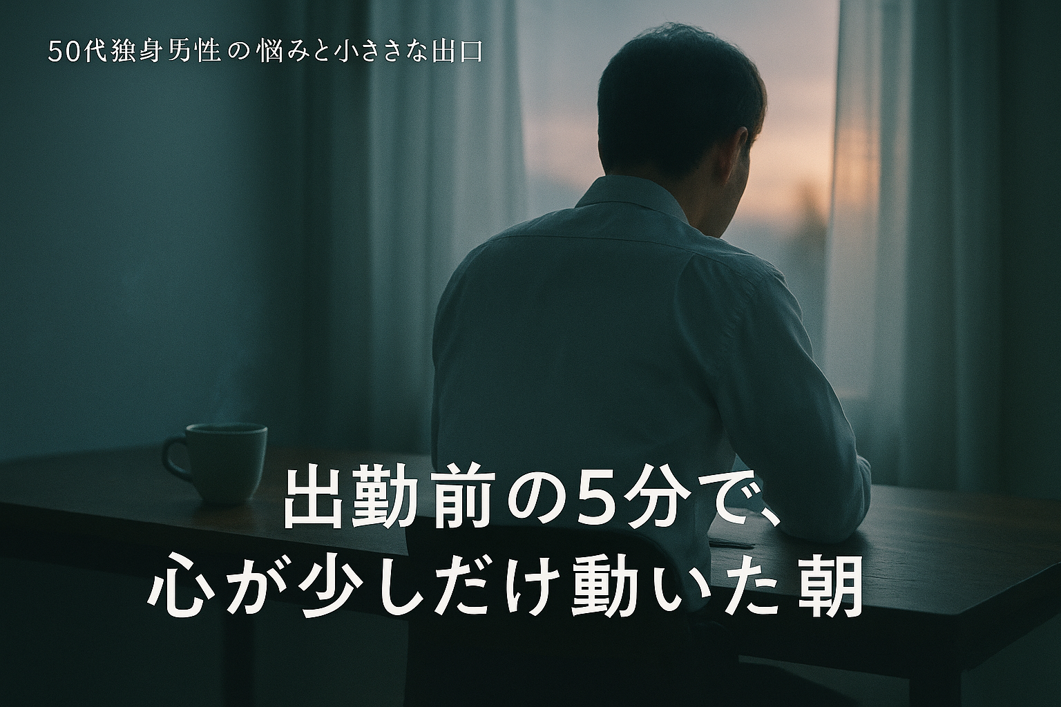 出勤前の静かな朝、白シャツ姿の男性がコーヒーを前に窓辺で思索している。 淡い朝の光が室内を照らし、静けさと小さな希望が同居する瞬間を描いた。