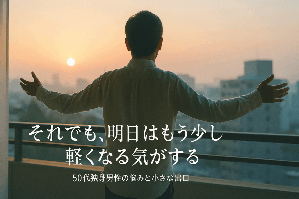 朝日を浴びながら、静かに両腕を広げる50代男性。
新しい一日を受け入れるように、柔らかな光に包まれた後ろ姿。
「それでも、明日はもう少し軽くなる気がする」──
苦しみの中にある、静かな希望を表すシーン。