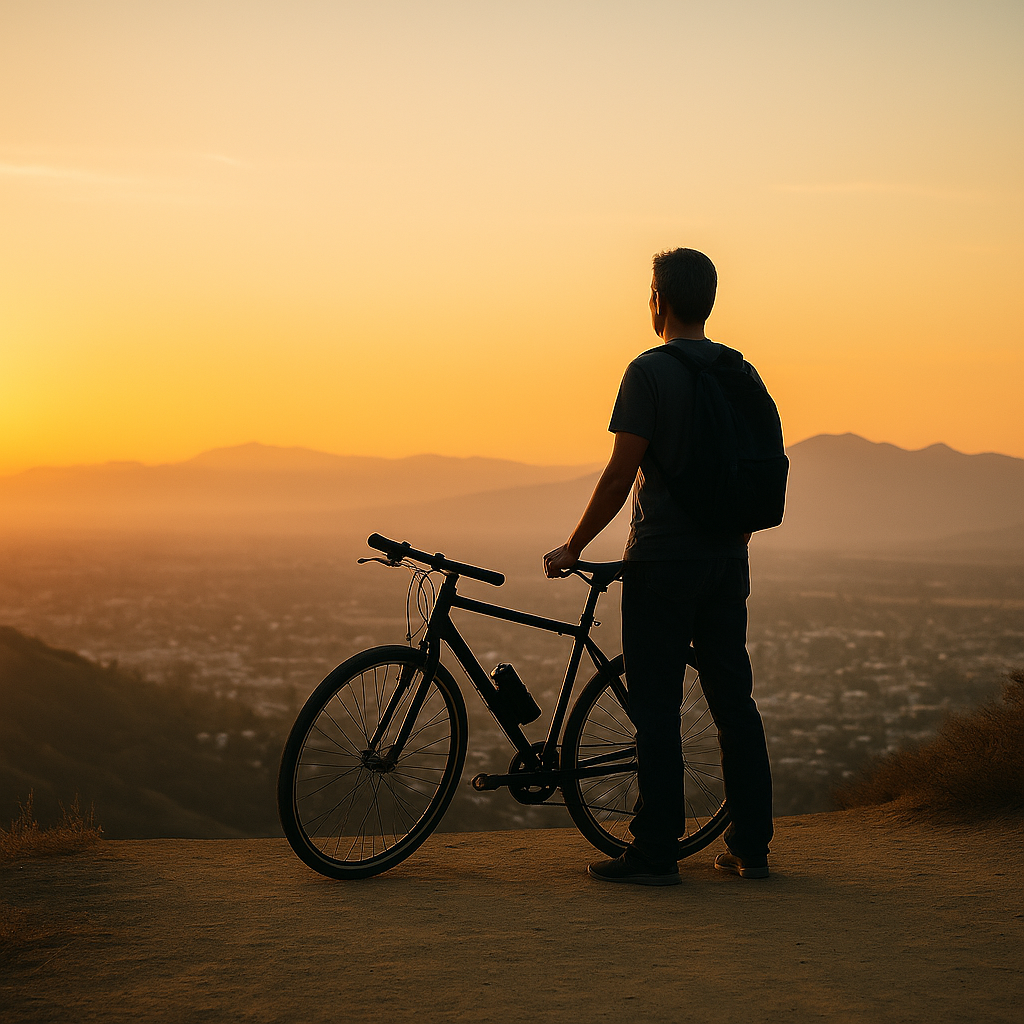 夕暮れの丘の上、ロードバイクとともに夕陽を見つめる男性の後ろ姿。