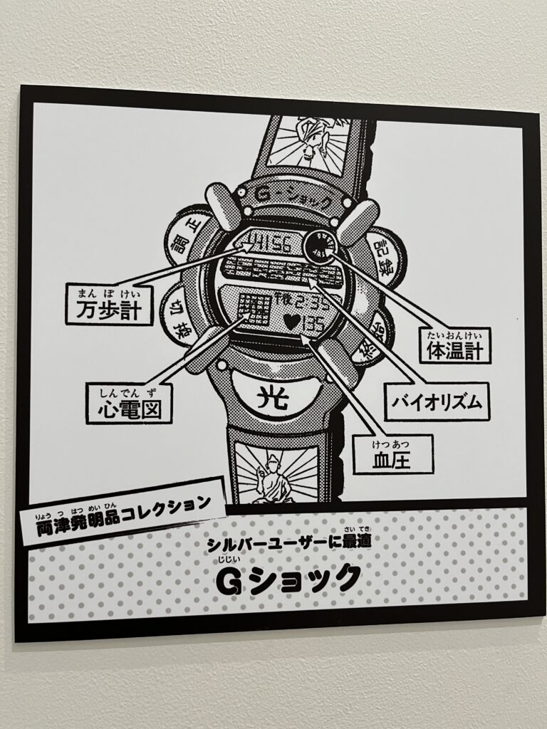 こち亀記念館の展示パネル「両津発明品コレクション Gショック」。