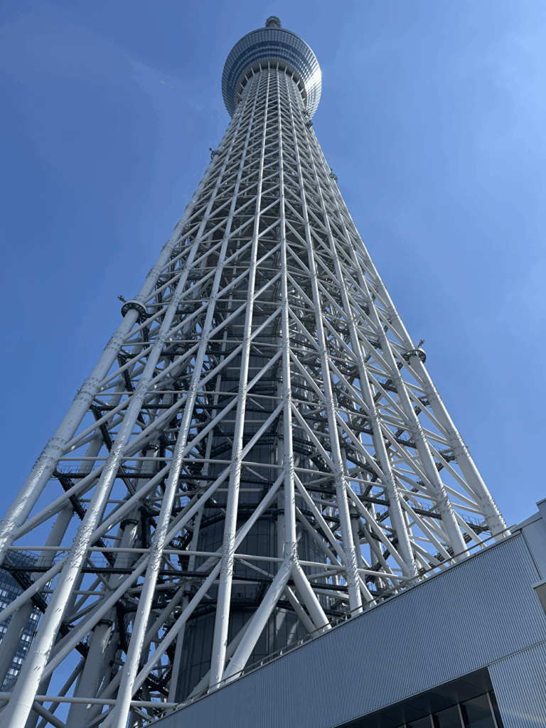 真下から仰ぎ見るスカイツリー。白い鉄骨が青空に映える。