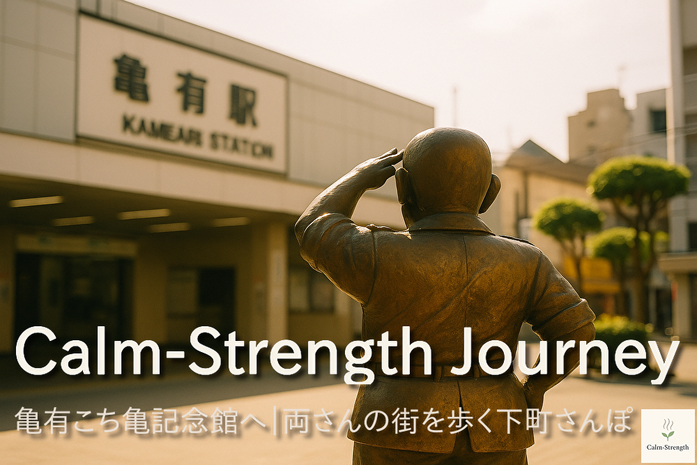 朝の光に照らされる銅像と亀有駅。下町の温もりと静かな時間を感じる風景。