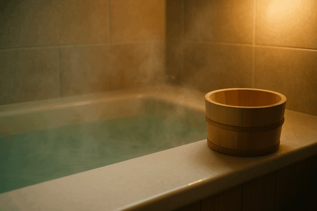 夜の柔らかな照明が灯る浴室。緑色のお湯が張られた浴槽の縁に、木製の洗面器が置かれている。