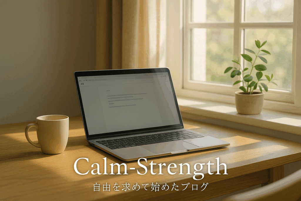 朝の柔らかな光が差し込む部屋で、ノートパソコンに向かう男性の手元。 机の上にはマグカップと観葉植物があり、穏やかな空気が流れている。