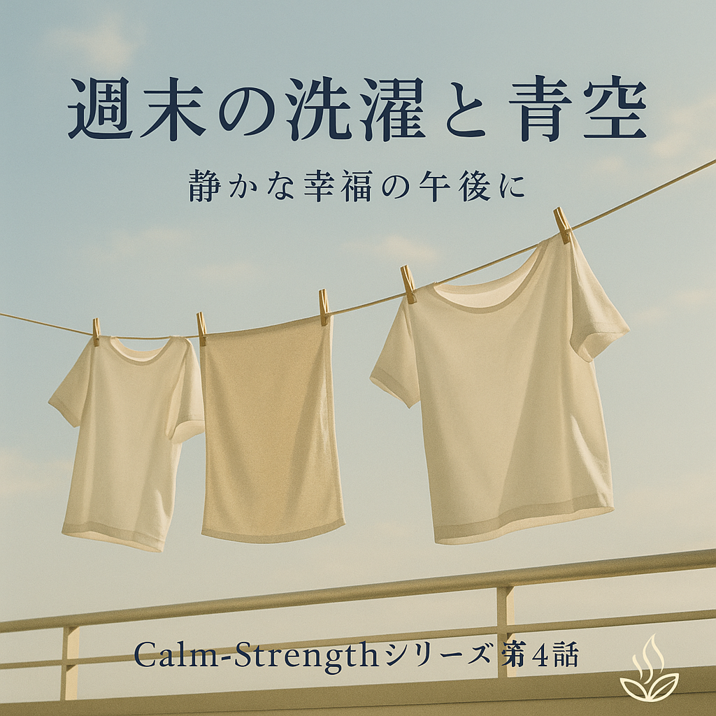 青空の下で風に揺れる洗濯物と午後の柔らかな光 — Calm-Strengthシリーズ第4話「週末の洗濯と青空」