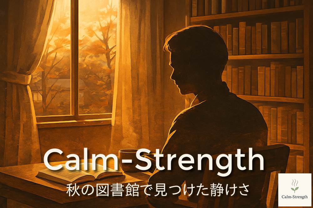 秋の午後、静かな図書館で本を開く男性のシルエット。柔らかな光と静けさが心を包み込む瞬間。